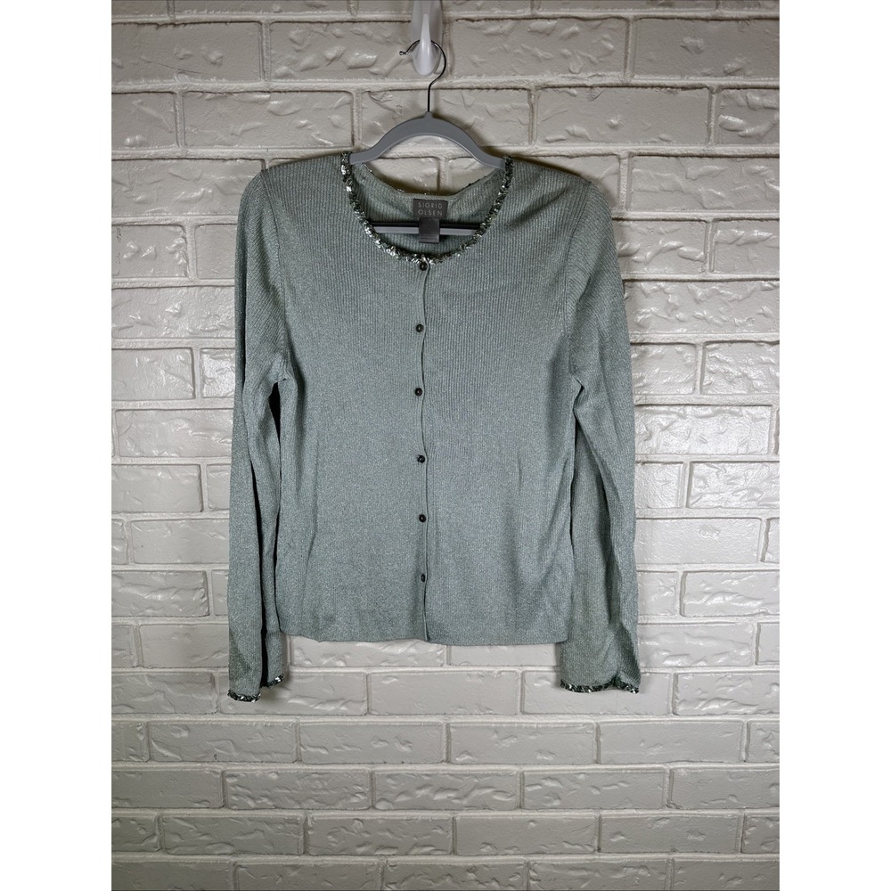 Sigrid Olsen Sage Shimmer Cardigan‎ Jeweled Trim Y2K Gossip Girl Sweater L